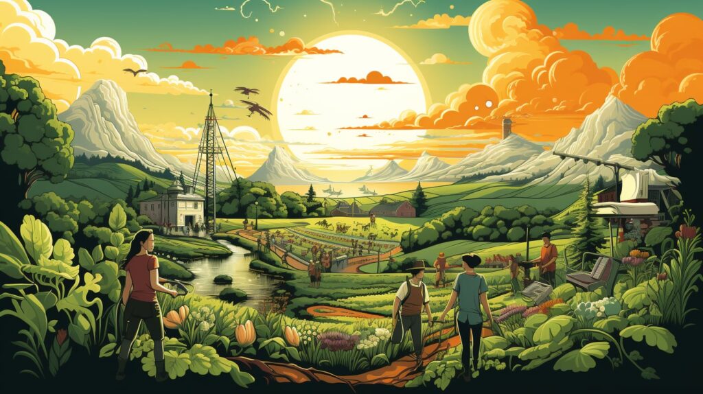 Une ne coalition d’activistes de la société civile, de chercheurs, de travailleurs du système alimentaire et de bailleurs de fonds qui explorent des futurs agricoles alternatifs. Fait avec Midjourney.