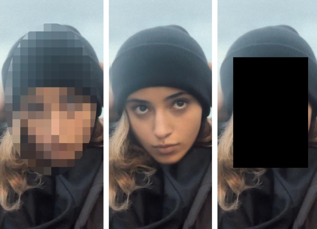 Le documentaire « Nous, jeunesse(s) d’Iran », diffusé sur France 5, a fait le choix de générer des visages via intelligence artificielle pour anonymiser ses témoins (au centre). Créer une simple mosaïque présente dorénavant trop de risques. Quant au carré noir, difficile de l'utiliser durant tout un film. © Crédits photo : montage La Revue des médias / photo Chrysalide Production/Elephant Doc