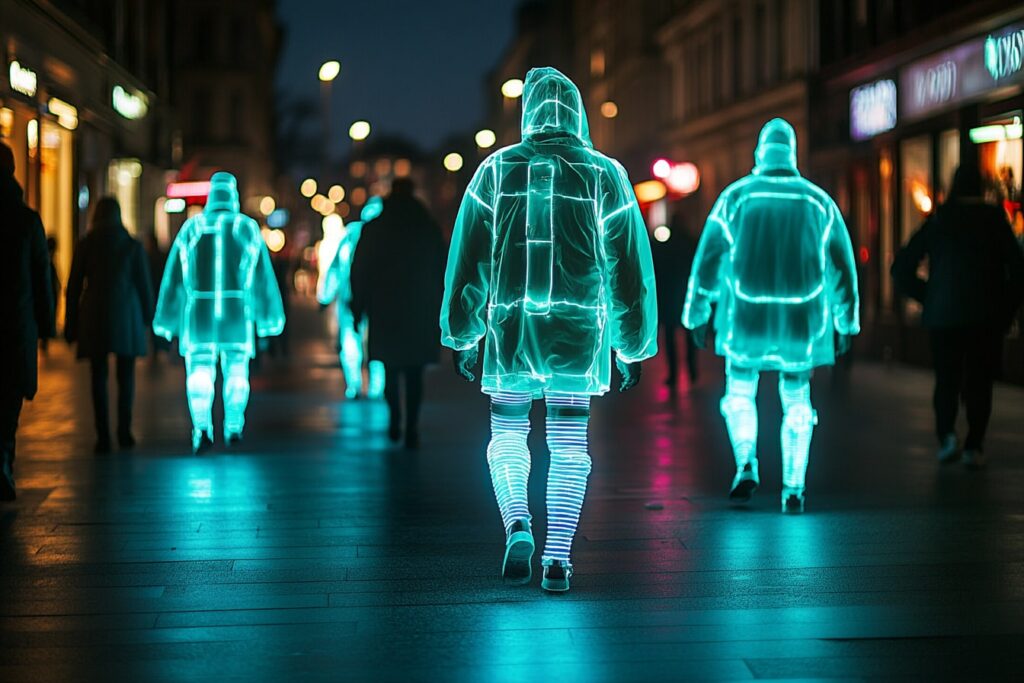 « Grâce à des bactéries génétiquement modifiées, les habits brillent dans le noir. » Imaginé avec Midjourney.